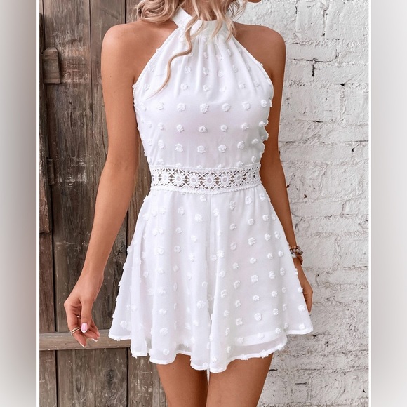 Boho Swiss Dot Guipure Lace Insert Halter Neck Romper - Picture 2 of 6